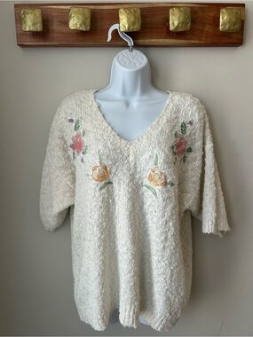 Vintage 90s Floral Bouclé Knit Sweater Cottagecore Grandmacore Romantic Size 40